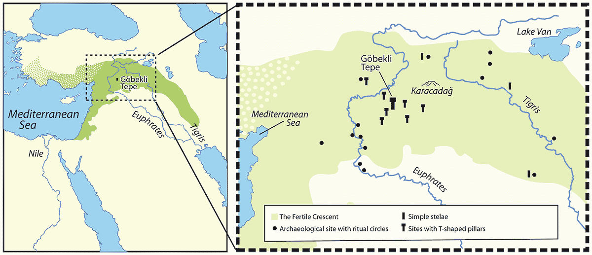 Figure 2: The Fertile Crescent ca. 7500 BCE, and Curently Known Related Archeological Sites